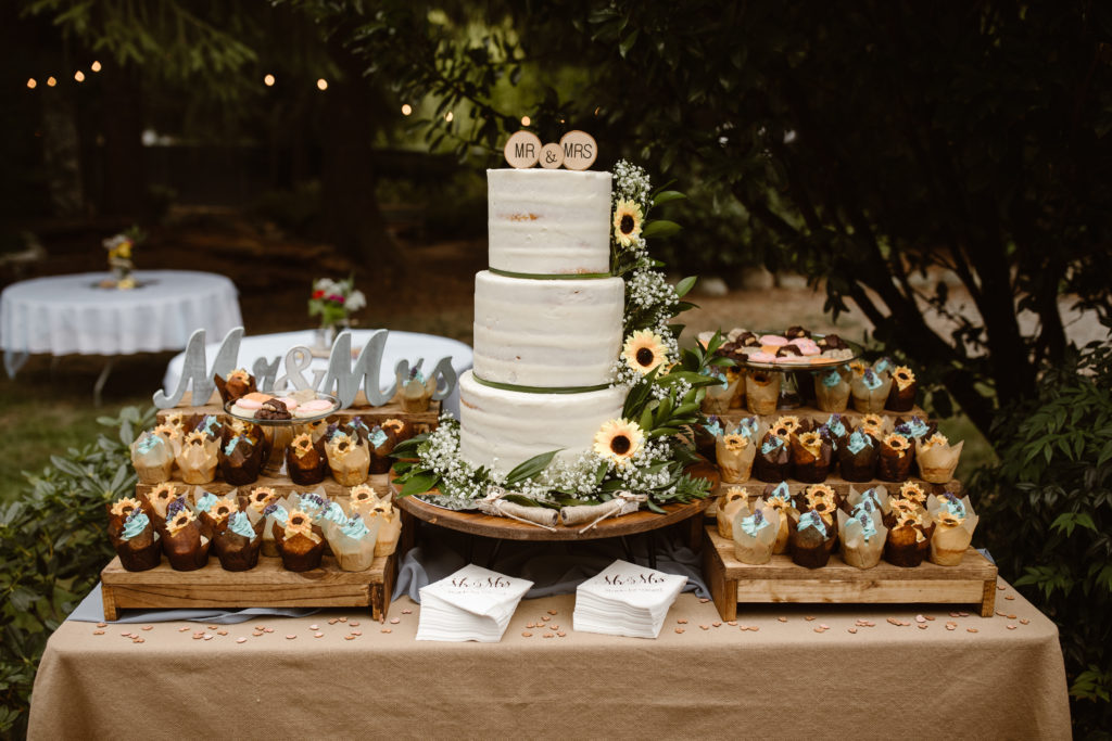 Cake and cupcakes at a backyard wedding