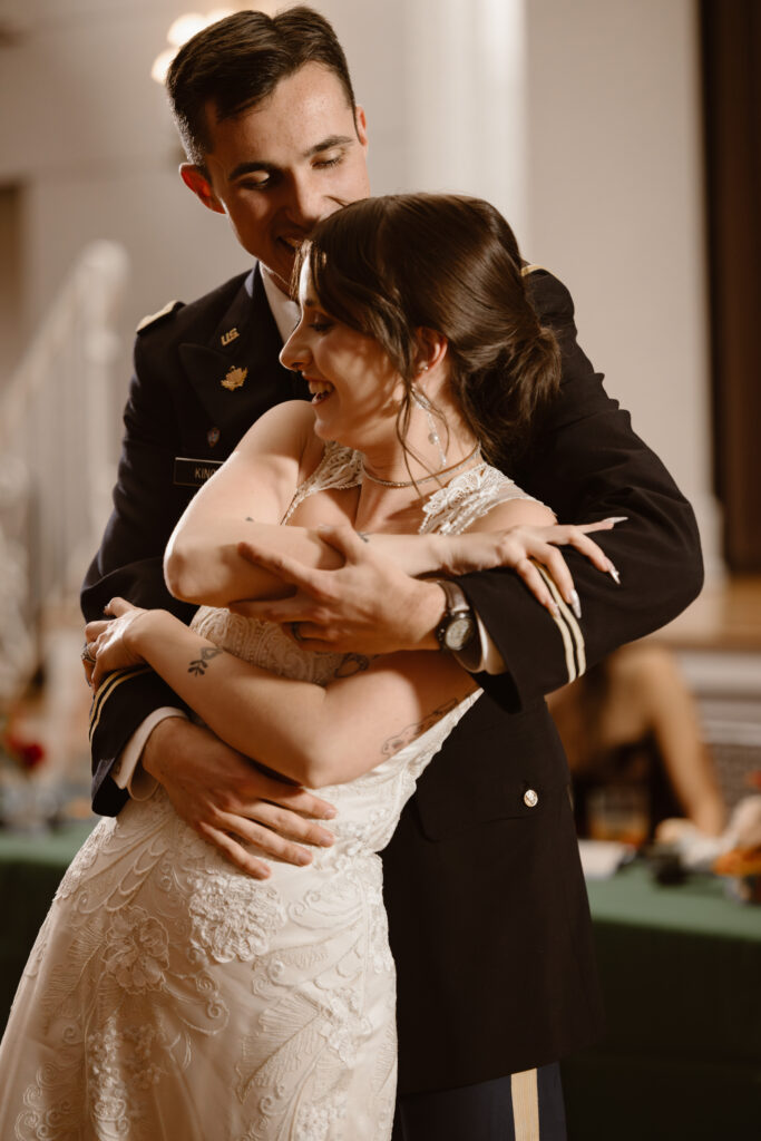Groom dipping his bride during their first dance