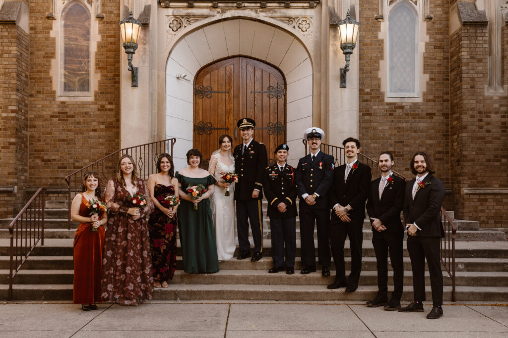 Full bridal party out front of their church